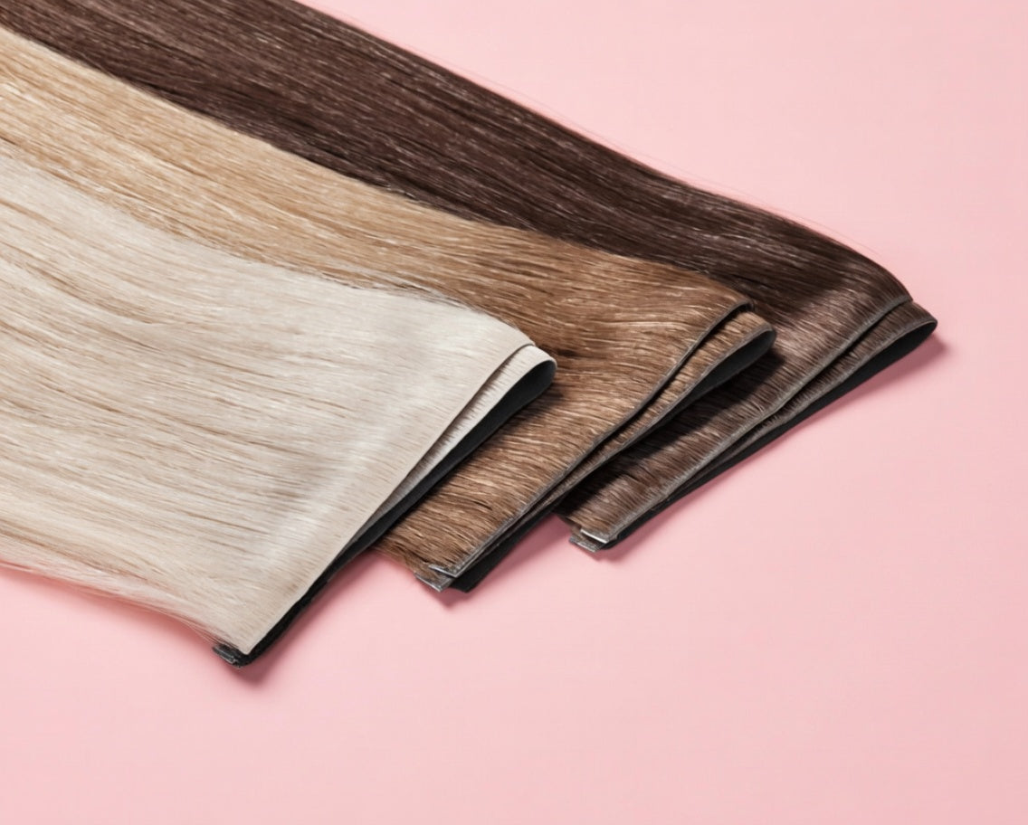 Extensões Invisible Full Tape com base ultrafina, cabelo 100% humano e acabamento invisível. Luxo e naturalidade KHairStore.