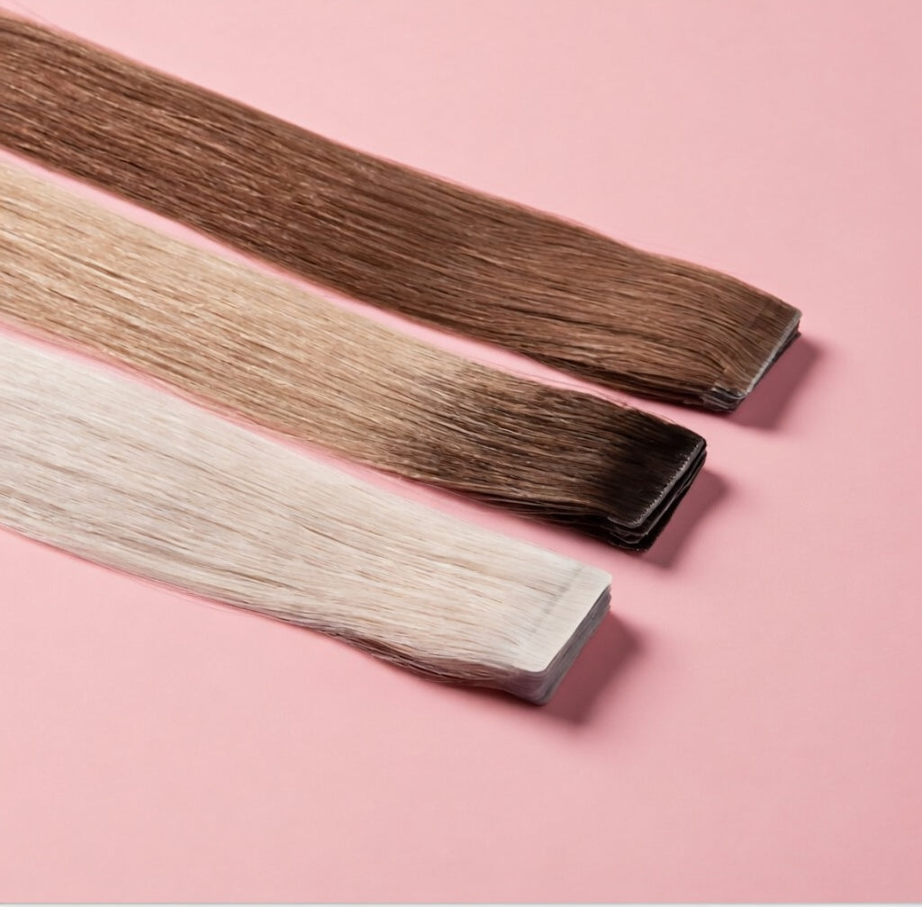 Extensão Invisible Slim Tape cabelo humano Remy KHairStore com fita ultrafina e acabamento invisível.